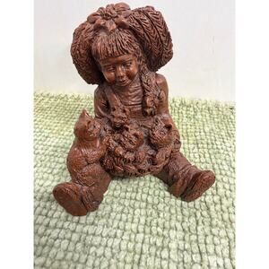 Red Mill MFG Girl With Cats Figurine Handcrafted USA Vintage Resin